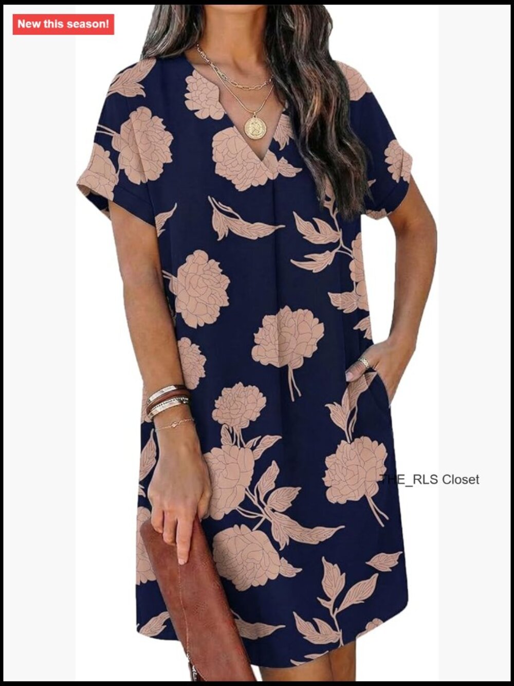 Polyester Shift Dress With Pockets, V-Neck, Short Sleeve, Knee-Length